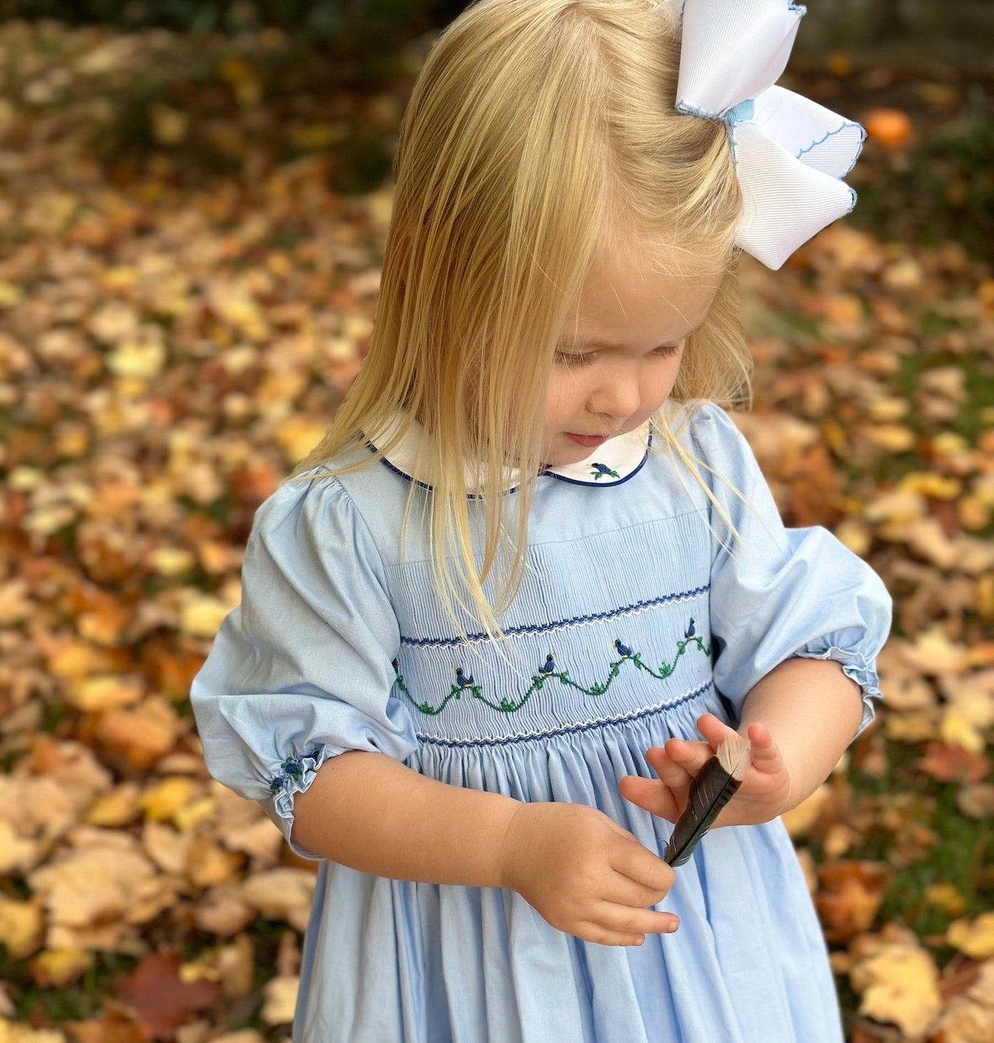 Fall winter blue longsleeve smocked dress for girls