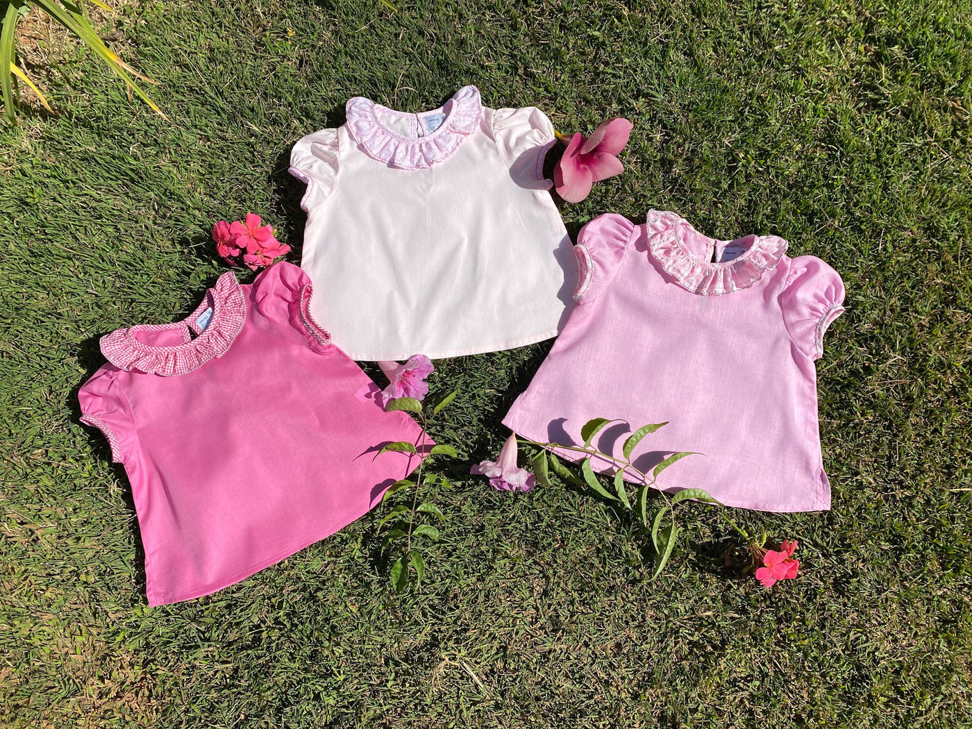 Summer collection girl pink cotton blouses with scallop collar